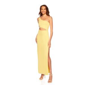 NWT Susana Monaco Light Yellow One Shoulder Cut Out High Slit Long Dress Size L